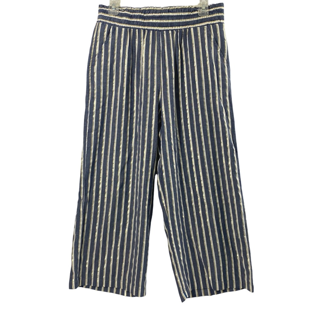 Zac & Rachel Pants Women Medium Blue Gold Striped Wide Leg Crop Nautical Shimmer